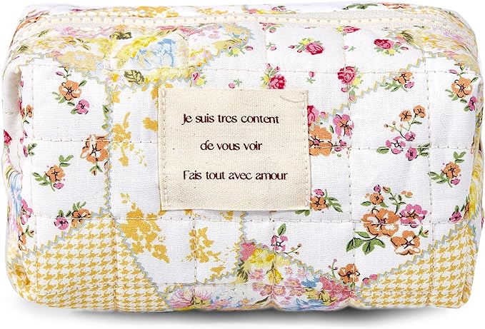 Sminra Floral Makeup Bag Small Cotton Quilted Cosmetic Bag Organizer, Aesthetic Cottagecore Preppy Portable Pouch Purse Toiletry Bag for Women Girls Travel accessories (Beige Floral-S)