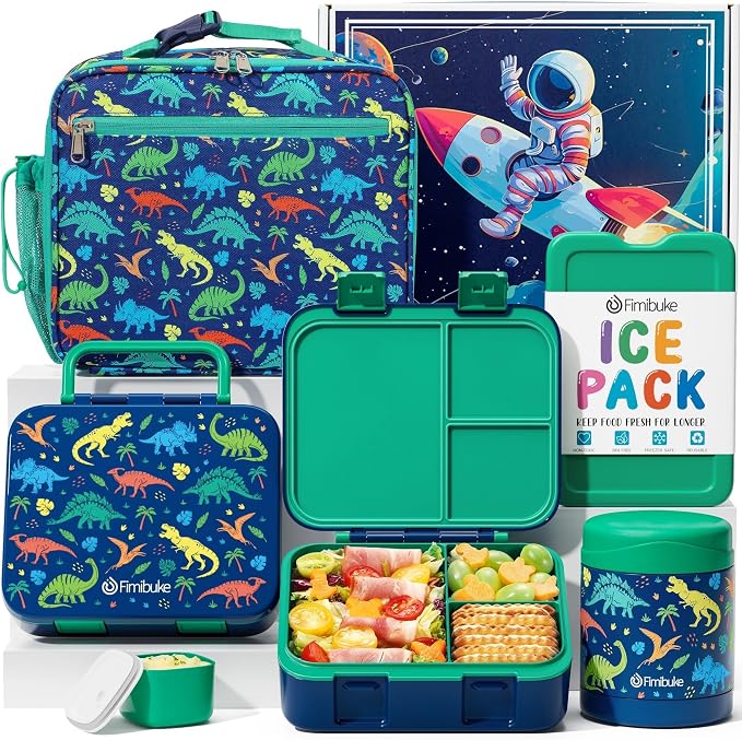 Fimibuke Bento Lunch Box for Kids Toddler Boys with 12OZ Insulated Food Jar | 3-Compartment 32OZ Snack Lunch Container Bento Box, Lunch Bag & Ice Pack Set for Age 3-12 School Daycare Camp, Dinosaur
