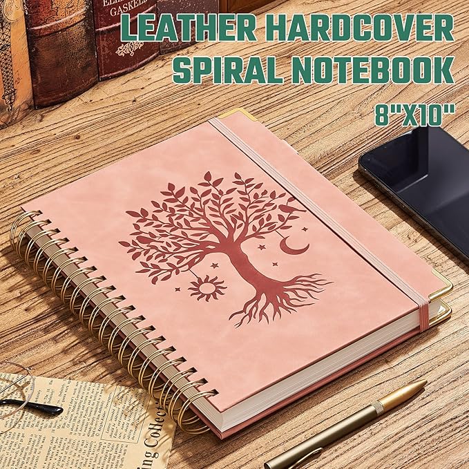 Ovesmusl Hardcover Spiral Notebook 8" x 10" with 5 Removable Dividers 300 Pages Leather 5 Subject Notebook College Ruled 100GSM Large Spiral Notebooks for Work Thick Lined Journal for Women, Pink