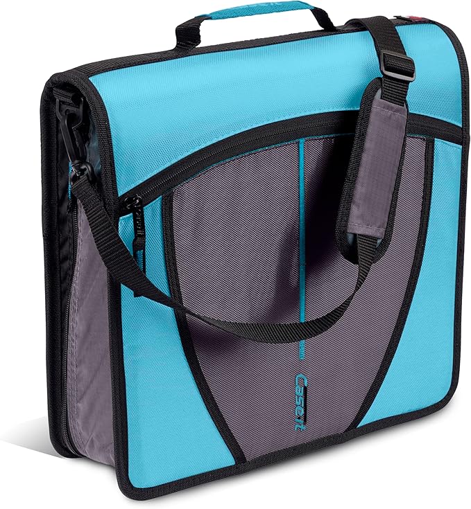 Case-it Mighty Zip Tab School Zipper Binder | 3-Inch O-Rings, 600-Sheet Capacity, 5-Subject Expanding File Folder, Multiple Pockets & Storage Organizer, Shoulder Strap | D-146 Teal