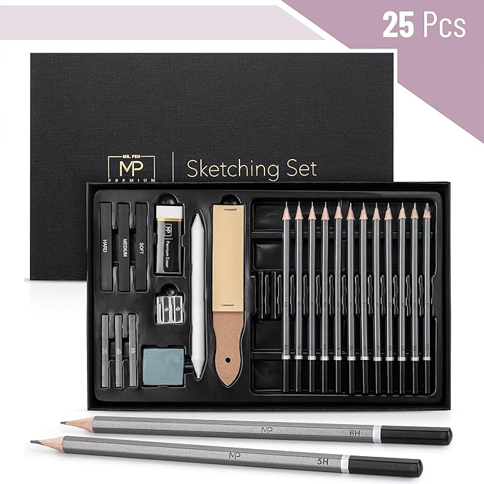 Mr. Pen- Drawing Sketching Pencil Set, 25 pcs, Graphite Pencils (10B-6H), Graphite Sticks, Erasers, Sharpener, Blending Stump & Sandpaper Pad for Drawing, Shading & Art Projects