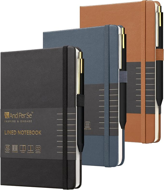 &And Per Se Lined Journal and Pen Set (3 Packs), A5 Leather Hardcover Notebook with Pen & Stationary Set, 160 Pages 100GSM Thick Ruled Paper Journal for Business Work Writing (Black-Blue-Brown)