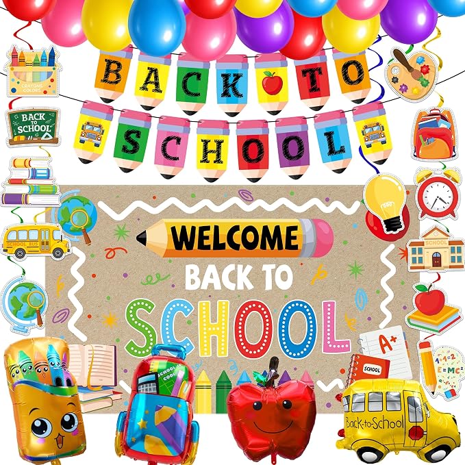 Joy Bang Back to School Decorations, Back to School Banner with Hanging Swirls Apple School Bus Pencil Balloons Welcome Back to School Photo Backdrop First Day of School Decorations Classroom Decor
