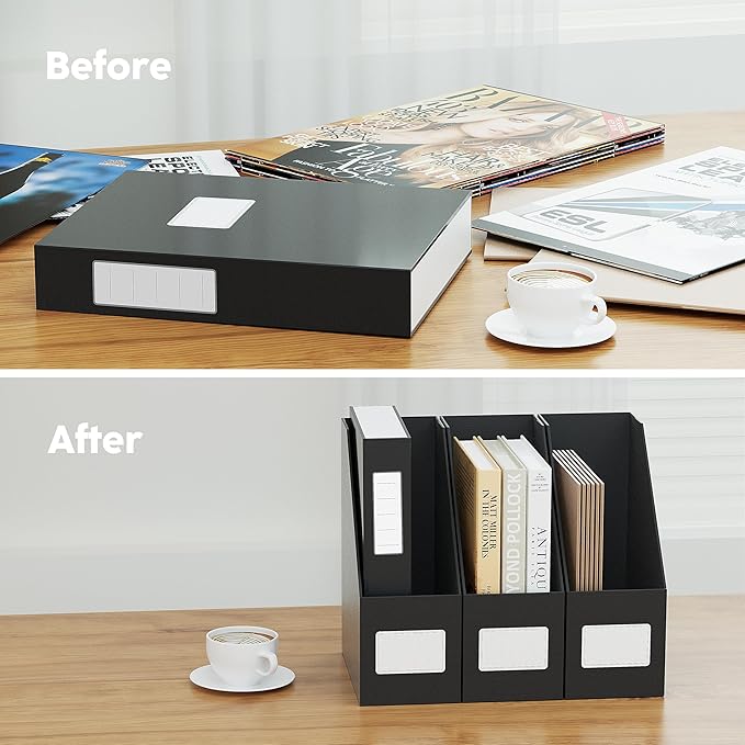 JiaWei Black Magazine File Holders, 3 Packs Sturdy Cardboard File Rack, Office Organization Desktop Storage File Box Binder for Shelves and Desk, Folder Holder for Office or Classroom
