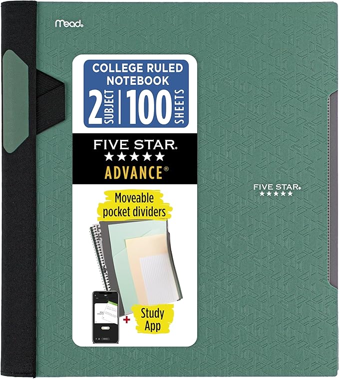 Five Star Advance Spiral Notebook + Study App, 1 Subject, College Ruled Paper, 8-1/2" x 11", 100 Sheets, Spiral Guard, Movable Tabbed Dividers, Seaglass Green (820012C-ECM)