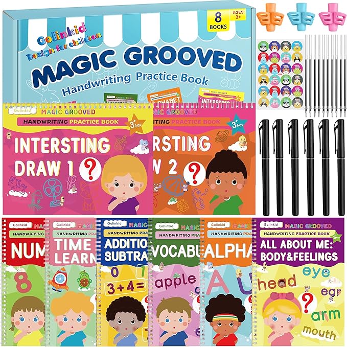 Golinkid Magic Grooved Writing Practice, grooved Handwriting Practice for Kids 8 Books, Preschool workbook for Ages 3-10 with 6 Magic pens 10 Ink Refills, 3 Pencil Grips for Kids Handwriting