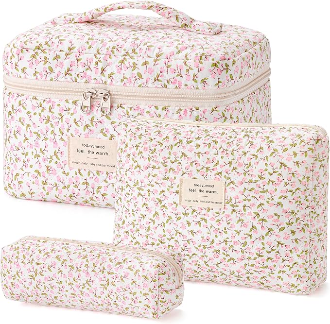 HBselect Quilted Makeup Bag, 3Pcs Cotton Large Travel Makeup Bags Organizer | Cute Floral Make up Bag Cosmetic Bag Toiletry Bag for Women Girls, Makeup Pouch for Skincare, Brushes & Travel Essentials