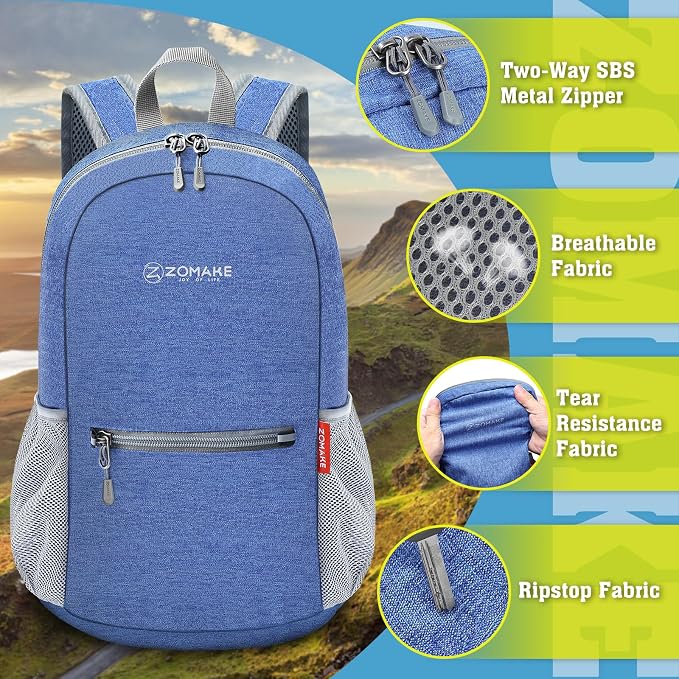 ZOMAKE Lightweight Packable Backpack, 10L Small Foldable Daypack for Hiking | Water Resistant Collapsible Backpacks for Women Men, Everyday Carry, Multi Compartment Storage,Adjustable Strap(Dark Blue A5)