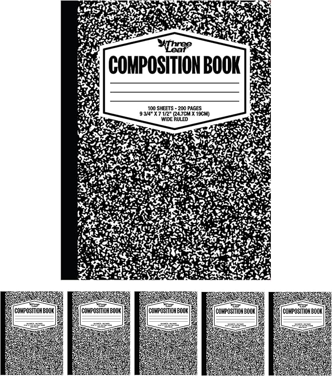 three leaf 100 SHEETS WIDE RULED 9-3/4" x 7-1/2" COMPOSITION NOTEBOOK, PACK OF 6, WRITING JOURNAL NOTEBOOK, HOME SCHOOL SUPPLIES FOR COLLEGE STUDENTS & K-12, SEWN BINDING HARD COVER MARBLE NOTEBOOK