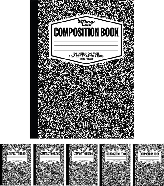 three leaf 100 SHEETS WIDE RULED 9-3/4" x 7-1/2" COMPOSITION NOTEBOOK, PACK OF 6, WRITING JOURNAL NOTEBOOK, HOME SCHOOL SUPPLIES FOR COLLEGE STUDENTS & K-12, SEWN BINDING HARD COVER MARBLE NOTEBOOK