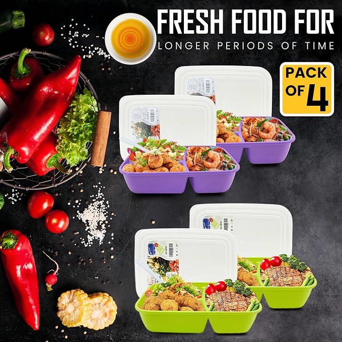 Neez 4 Pack Lunch Containers for Adults (48oz/6 Cup) - 3 Compartment Large Bento Lunch Box For Women - Reusable Lunchable Container for Salad, Snack, Meal Prep - Stackable, Microwavable & Leak proof