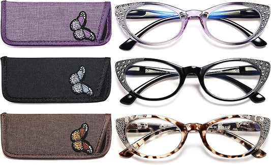 EYEURL 3-Pack Cat Eye Reading Glasses for Women Blue Light Glasses Fashion Computer Readers with Spring Hinge Anti-Glare Readers for Women 2.5