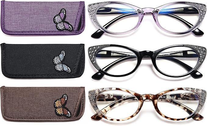 EYEURL 3-Pack Cat Eye Reading Glasses for Women Blue Light Glasses Fashion Computer Readers with Spring Hinge Anti-Glare Readers for Women 3.5
