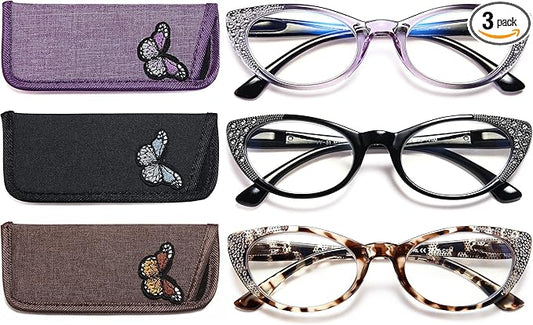 EYEURL 3-Pack Cat Eye Reading Glasses for Women Blue Light Glasses Fashion Computer Readers with Spring Hinge Anti-Glare Readers for Women 1.25