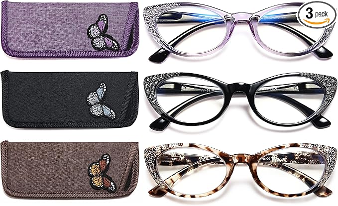 EYEURL 3-Pack Cat Eye Reading Glasses for Women Blue Light Glasses Fashion Computer Readers with Spring Hinge Anti-Glare Readers for Women 1.0