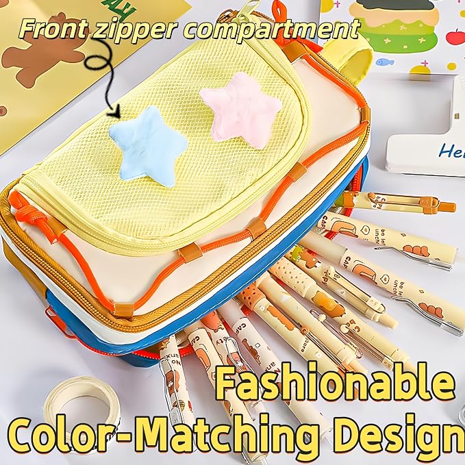 Portable Kawaii Star Pencil Case Cute Japanese Pencil Box (Blue) | With 2 Detachable Star Pins, Large Capacity Multi-Layer Storage, Korean Pastel Pencil Case, Cute Supplies Pencil Pouch Blue