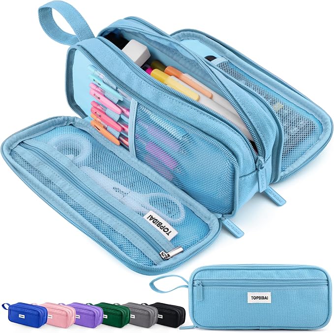 TOPBIDAI Large Pencil Case Pouch for Girls Boy Women Men Adults | Big Capacity Canvas Pencil Bag, Office School Supplies, Multi Compartment Zipper Stationery Pen Box (Sky Blue)