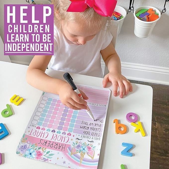 Hadley Designs Magnetic Chore Chart for Kids – Reward Chart for Kids, Dry Erase Responsibility Board for Children at Home, Fridge Behavior Tracker for Daily & Weekly Tasks, Unicorn Toddler Chore Board