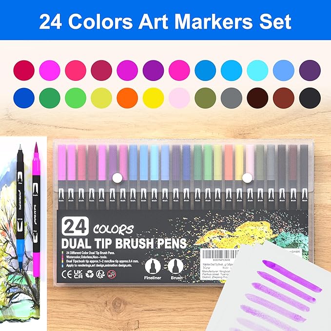 Halobios Dual Brush Marker Pens, 24 Colors Art Markers with Fine and Brush Tip Coloring Markers for Adults, Marker for Journaling Calligraphy Drawing Sketching Doodling Illustrating