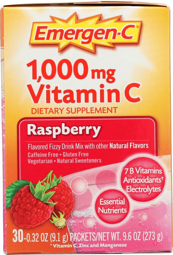 Emergen-C 1000mg Vitamin C Immune Support Powder Raspberry 30CT Includes Zinc, Manganese, 7 B Vitamins and Electrolytes for Back to School Essentials (Pack of 12)