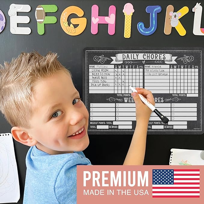 Hadley Designs Magnetic Chore Chart for Kids Multiple - Chores Board for Refrigerator, Dry Erase Task Chart for 2 Kids Daily Behavior, Family Weekly Planner for Teens and Adults, Chalk Chore Board