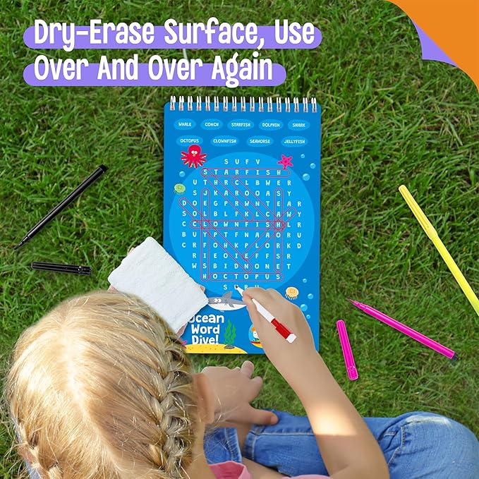 SpriteGru Dry Erase Word Search Game Pad, 30 Reusable & Erasable Word Games, Search & Find Puzzles Brain-Boosting Activity Book for Kids, Educational Toy for Road Trip Airplane Travel