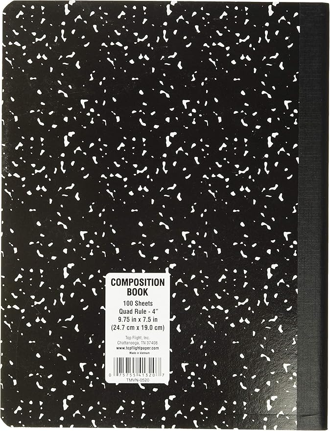 Top Flight Sewn Marble Composition Book, Black/White, Quad Rule, 4 Squares per Inch, 9.75 x 7.5 Inches, 100 Sheets (41320) (Pack of 4)