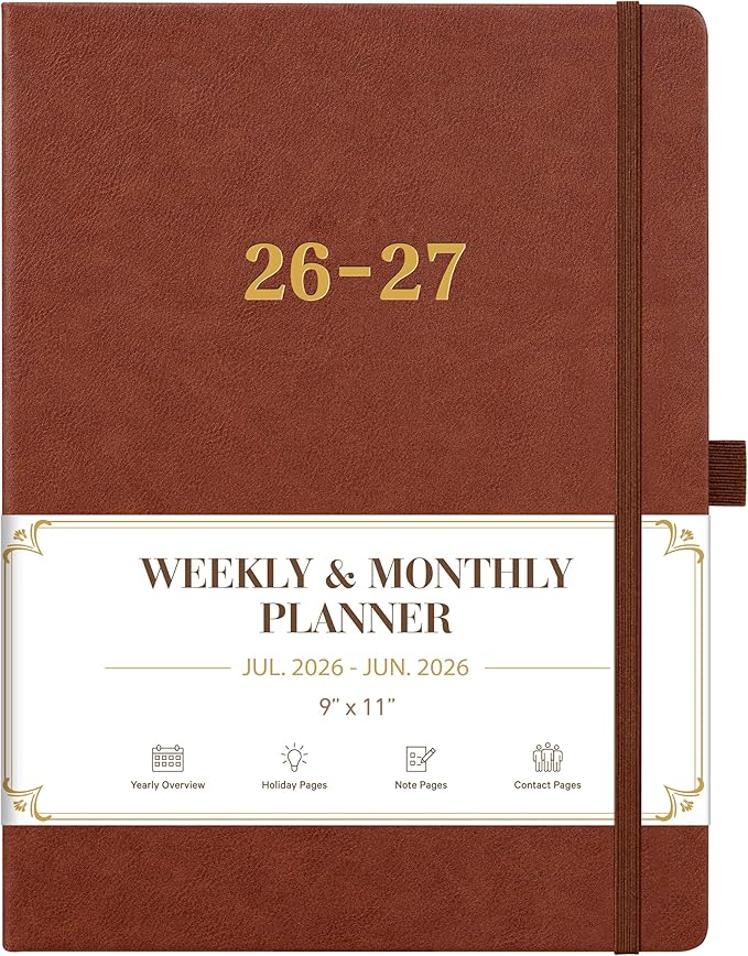 Vondafe 2026-2027 Planner - Weekly and Monthly Planner 2026-2027, Jul. 2026 - Jun. 2027, 9" x 11", 26-27 Calendar Planner with Inner Pocket + Elastic Closure + Pen Loop + Bookmarks, Leather Hardcover - Brown