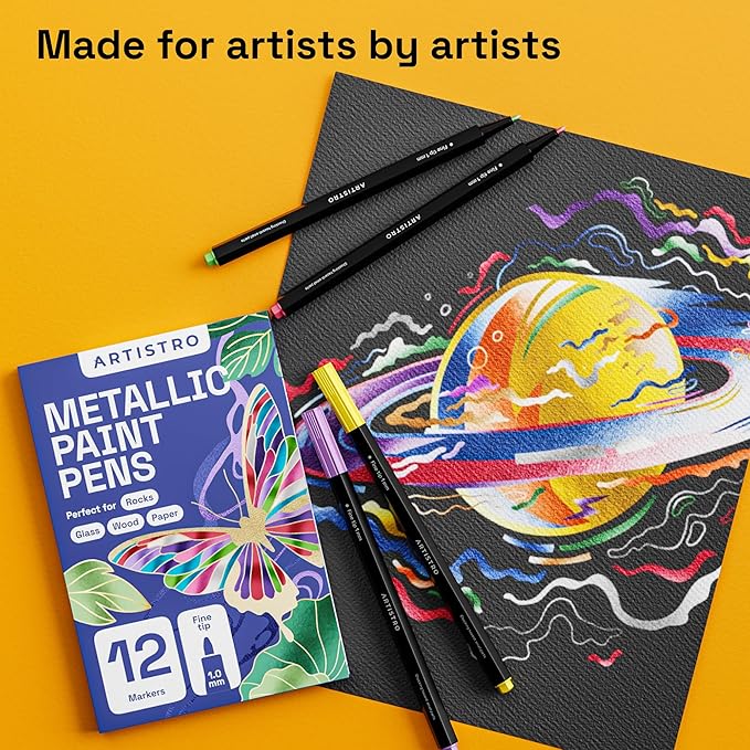 ARTISTRO 12 Metallic Paint Pens for Glass Marking, Rock Painting, Ceramic, Wood, Fabric, Scrapbooking, DIY Craft Making, Coloring - Acrylic Paint Markers Fine Tip 1mm