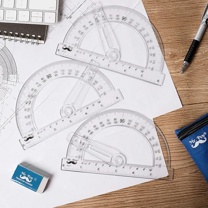 Mr. Pen- Protractor Set, 3 Pack, 6" Swing Arm Protractors, Clear Plastic Protractor Set for Accurate Angle Measurement, Geometry, Math, Drafting, Classroom & Technical Drawing