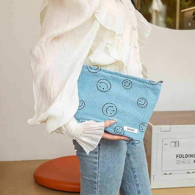 GUTGNK Makeup bag for Women, Corduroy Cosmetic Bag Aesthetic Design Ladies Tote Bag,Cute Smiley Face Makeup Organizer with Zipper - Blue