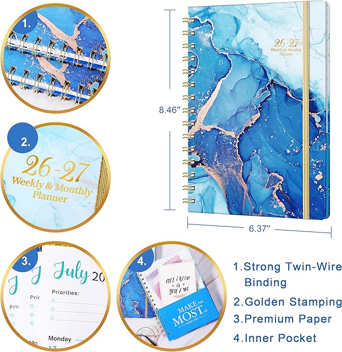 Planner 2026-2027 - Academic Planner 2026-2027, July 2026 - June 2027 Weekly and Monthly Planners, 8.5" x 6.4", with Elastic Closure + Back Pocket + Thick Paper