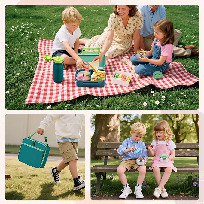 MAISON HUIS Bento Box for Kids with 8oz Soup Thermo, Insulated Lunch Bag & 17oz Water Bottle, 2-Compartment Bento Box with Built-In Ice Pack, Leak-Proof & BPA-Free (Green)