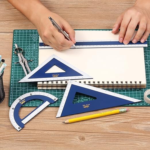 Mr. Pen- Wooden Geometry Set, 4 Pack, 8" 30°/60° Set Square, 5.5" 45°/90° Set Square, 6" Protractor & 12" Ruler for Classroom Use, Math, Drafting, Technical Drawing & Architecture