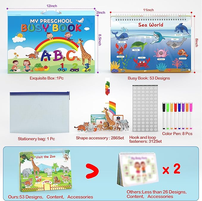 WJPC 53 Designs Busy Book for Toddlers 1,2,3,4,5,6 Years. Preschool Learning Busy Board Kids Boys&Girls Quiet Montessori Toddler Activity Book, Tracing Coloring Book