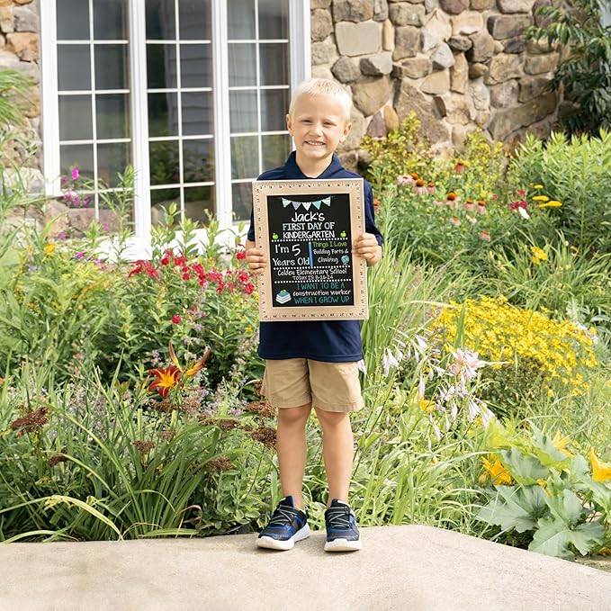 Bloom Owl First Day of School Chalkboard Sign - 11.5"x15" Reusable Back to School Photo Prop with Wooden Ruler Frame for Preschool, Kindergarten, and Beyond