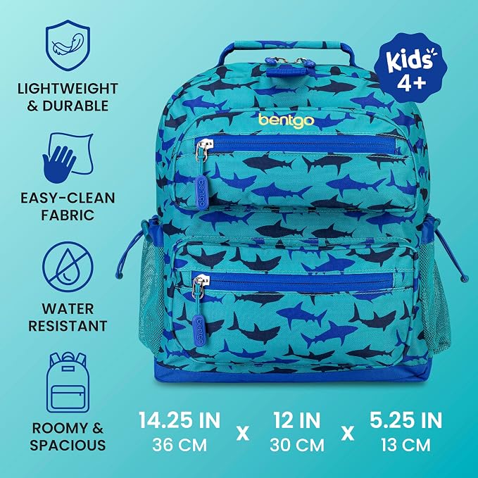 Bentgo Kids Backpack - Lightweight 14” Backpack in Fun Prints for School, Travel, & Daycare, Ideal for Ages 4+, Roomy Interior, Durable & Water-Resistant Fabric, & Loop for Lunch Bag (Shark)