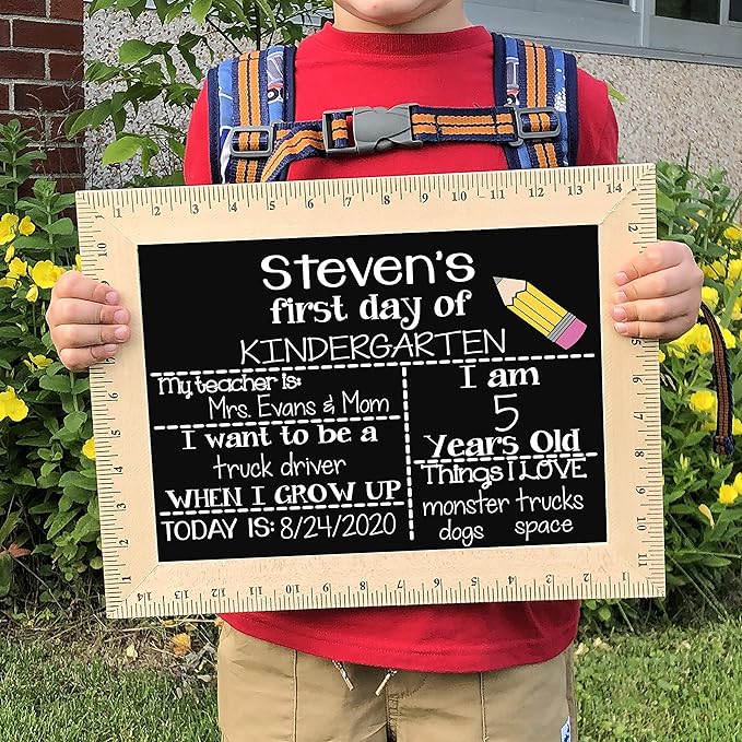 First Day of School Sign (15"x11.5"), Easy-to-Clean with Real Wooden Ruler Frame, Handmade in USA by Bloom Owl, Perfect for Back to School Framed Chalkboard, 1st Day of Kindergarten, Pencil Design