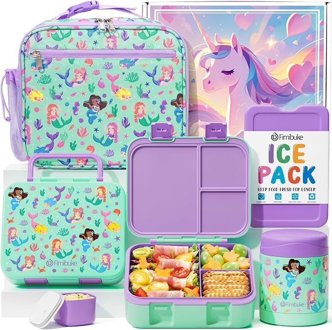 Fimibuke Bento Lunch Box for Kids Toddler Girl with 12OZ Insulated Food Jar | 3-Compartment 32OZ Snack Lunch Container Bento Box, Lunch Bag & Ice Pack Set for Age 3-12 School Daycare Camp, Mermaid