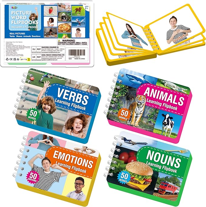 4 Flipbooks for Learning Words, Mini Book Set with Real Pictures, Vocabulary Builder to Learn Verbs, Nouns, Foods, Animals, Double Sided Printed Word Learning Flipbook, Early Educational Tool For Kids