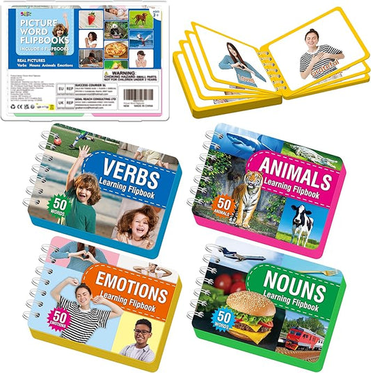 4 Flipbooks for Learning Words, Mini Book Set with Real Pictures, Vocabulary Builder to Learn Verbs, Nouns, Foods, Animals, Double Sided Printed Word Learning Flipbook, Early Educational Tool For Kids