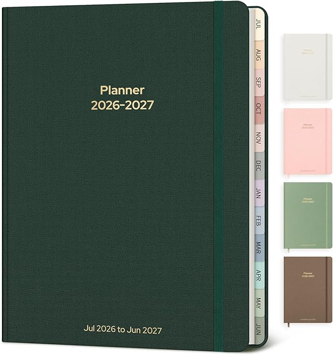 Planner 2026-2027 Monthly and Weekly Academic Planner July 2026 - June 2027, Linen Hardcover Agenda 2026-2027 Calendar Daily Planner for Student Teacher with Monthly Tabs, 7.3" x 10", Dark Green