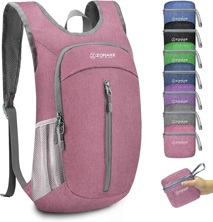 ZOMAKE Lightweight Packable Backpack, 10L Small Foldable Daypack for Hiking | Water Resistant Collapsible Backpacks for Women Men, Everyday Carry, Multi Compartment Storage, Adjustable Strap(Pink A1)