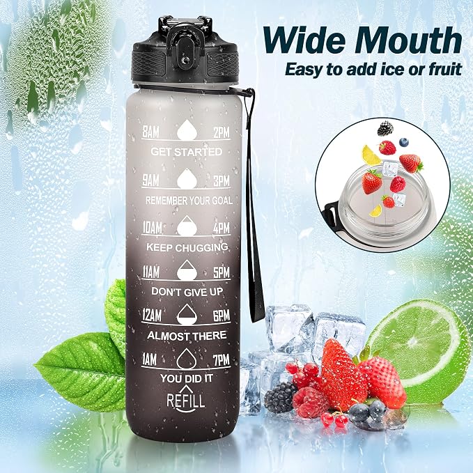 YC Kitchen Motivational Water Bottle with Time Marker - 32oz, Leak-proof BPA Free Sports Water Bottles with Straw & Carrying Strap (Pack of 2)