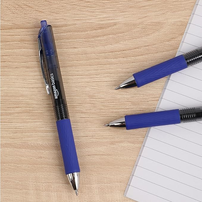 Amazon Basics Retractable Gel Pens, Fine Point 0.7mm, Smooth Writing, No-Smear Ink, Blue, 12-Pack