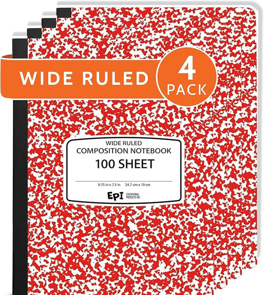 4 Pack - EPI Wide Ruled Marble Composition Notebook - Red 200 Page Note Book - 9.75 x 7.5 Inch Hardcover Journal with Sewn Binding for Secure Pages - Classroom Back to School Supplies
