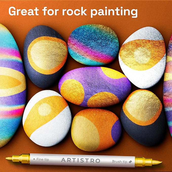 ARTISTRO 12 Gold Acrylic Paint Markers - Paint Pens for Drawing, Brush + Fine Tips - For Fabric, Rock, Glass, Wood, DIY - Art & Craft Supplies for Adults, Teens, Kids - Teacher Appreciation Gift