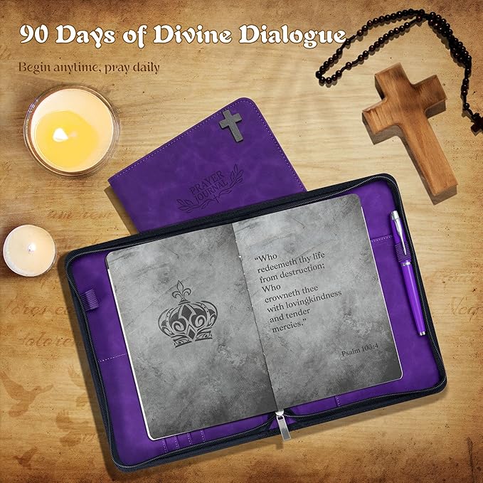 Ospelelf Purple Leather Prayer Journal with Zipper, A5 Travel Size Scripture Study Notebook with Inner Pockets for Stickers & Cards, Daily Devotional Planner for Women Men, Religious Christian Gift, Undated 3 Months