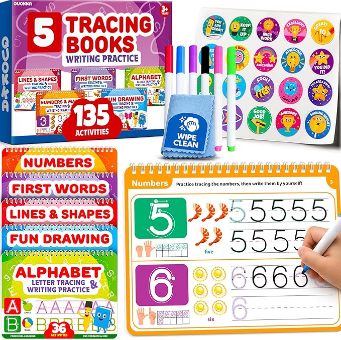 QUOKKA Tracing Books for Kids Ages 3-5 Set – 5 Reusable Dry Erase Activity Books for Kids Ages 3-5 - Writing Practice Kit with Markers - Preschool Learning Quiet Time Travel