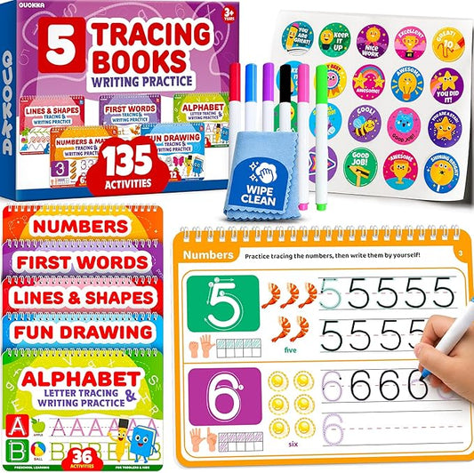 QUOKKA Tracing Books for Kids Ages 3-5 Set – 5 Reusable Dry Erase Activity Books for Kids Ages 3-5 - Writing Practice Kit with Markers - Preschool Learning Quiet Time Travel